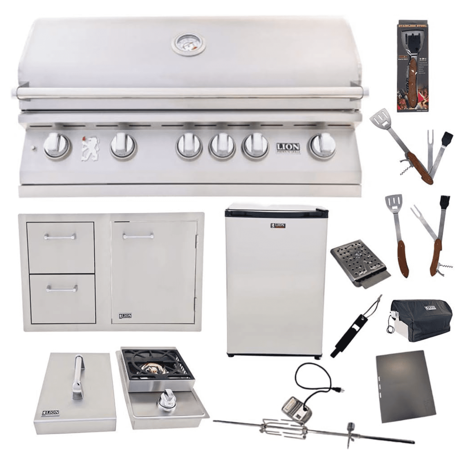 Lion Premium Grills Package Deal: L90000 40-Inch Grill with Single Side Burner, Refrigerator, Door and Drawer Combo & 5n1 BBQ Tool Set