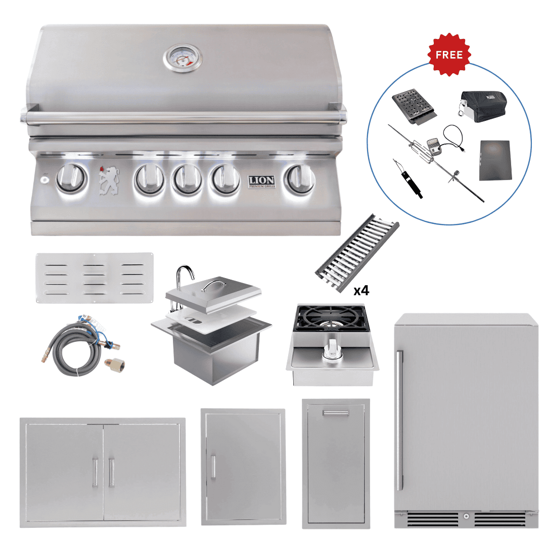 Lion Outdoor Kitchen Lux Package: L75000 Grill, Side Burner, Fridge, Sink, Double & Vertical Door, Trash Bin & Island Bundle!(FREE Gourmet Package)