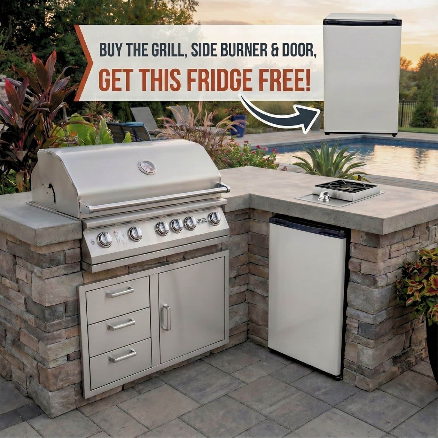 Lion BBQ Direct Lion Outdoor Kitchen Package – Qualifying Grill, Side Burner & Door Combo with FREE 20-Inch Refrigerator